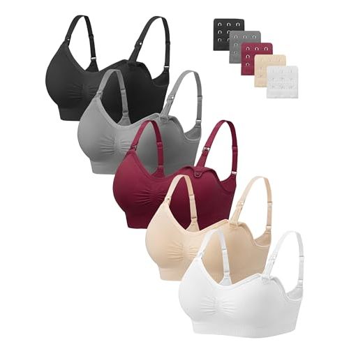 Angelhood Women Nursing Bras for Breastfeeding 5 Pack, Maternity Sleep Bra | Seamless Pregnancy Full Bust Bralettes with Extenders, Wireless V Neck Bralette, Ultra Comfort Postpartum Essentials Bra Pack