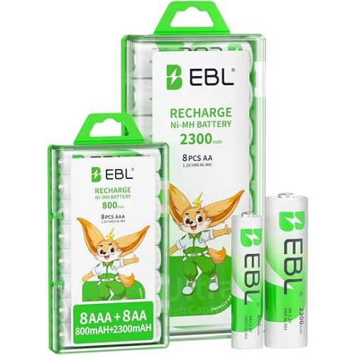 EBL 16 Sets AA AAA Batteries Combo with 8PCS AA 2300mAh & 8-Pack AAA 800mAh Rechargeable Batteries