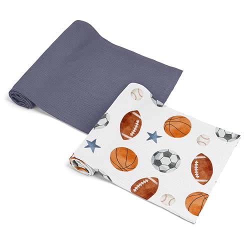 Sweet Jojo Designs 2-Piece Baby Muslin Swaddle Blanket Set (Sports Theme) for Boys, Infant Nursery, Lightweight Cotton Blanket for Newborns (Solid Blue, Watercolor, Vintage Sport Themed, Soccer Balls)