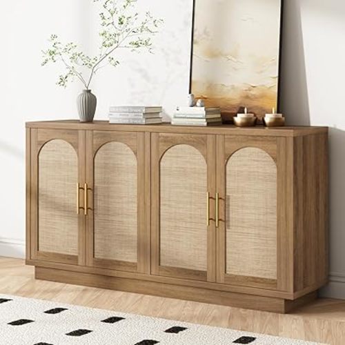 59-Inch Rattan Sideboard Buffet Cabinet, Farmhouse Storage Cabinets with Adjustable Shelves & 4 Arched Doors, Boho Credenza Coffee Bar Cabinet for Kitchen, Living Room, Entryway