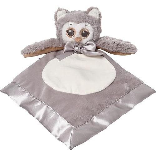 Bearington Collection Owl Plush Stuffed Animal Security Blanket Lovey - 15 in Gray Satin Trim Owl Lovey Blanket - Soft Baby Blankie & Toy for Newborns & Infants