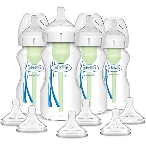 Dr. Brown's Options+ Wide-Neck Anti-Colic Baby Bottle - 9oz - 4pk and Options+ Wide-Neck Baby Bottle Nipple, Level 2 (3 Months+), 6 Count