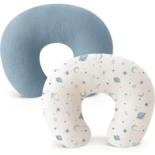 Konssy 2-Pack Muslin Nursing Pillow Covers, Soft & Adorable Nursing Covers for Breastfeeding Pillows, Slipcovers for Newborn Boys & Girls(Blue, Star)