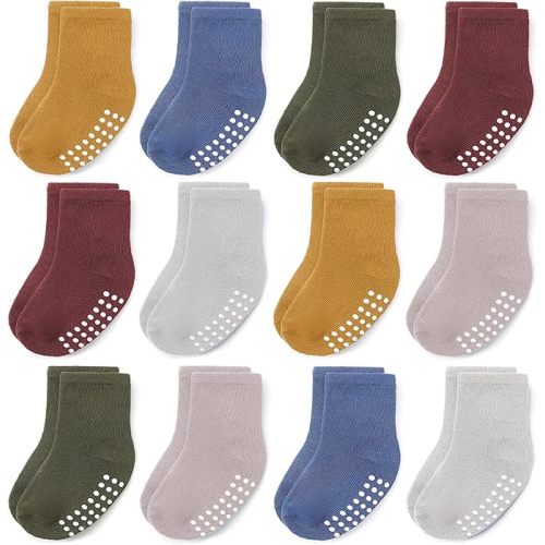 JAKIDAR 12 Pack Baby Toddler Socks Non Slip Grip Cotton Crew Socks for Boys Girls Infants Kids