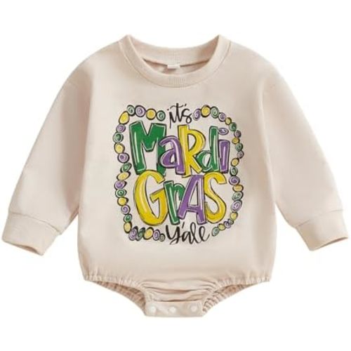 Baby Girl Boy Mardi Gras Outfit Long Sleeve Mardi Gras Letter Print Romper Oversized Sweatshirt Newborn Bodysuit
