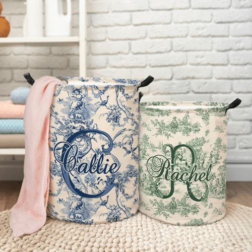 Personalized Retro French Toile De Jouy Style Waterproof Laundry Storage Basket with Handle Birthday Housewarming Gift for Newlyweds Couple - CALLIE