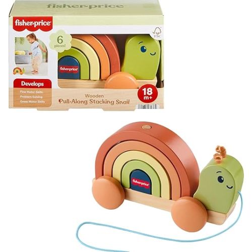 Fisher-Price Wood Toddler Toy Pull-Along Stacking Snail, Tiny Garden 6-Piece Wooden Activity for Motor Skill Development Kids Ages 18+ Months