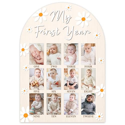 My First Year Photo Board, Daisy Baby's First Year Photo Frame 12 Monthly Milestone Picture Frame, Gift for Newborn Baby 1st Birthday Memories Nursery Decoration -04