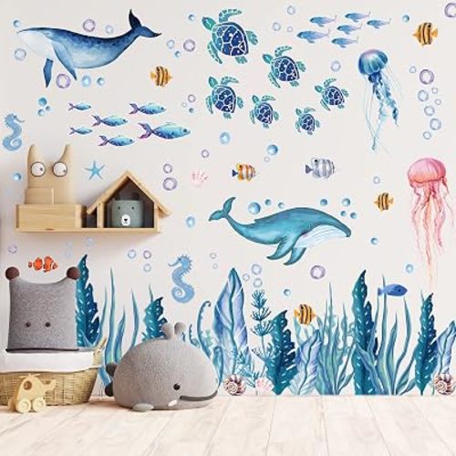 Whaline 143 Pieces Ocean Wall Decals Watercolor Under The Sea Wild Life Animals Wall Stickers Waterproof Peel and Stick Removable Murals for DIY Nursery Bedroom Living Room Bathroom Wall Art Decor