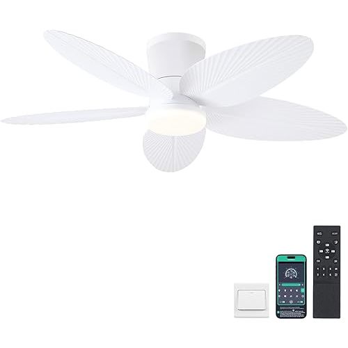 Palm Leaf Ceiling Fans with Lights-42 Tropical Ceiling Fan with Light and Remote/APP Control,Flush Mount Low Profile White Ceiling Fans for Bedroom,Indoor/Outdoor Patio Use