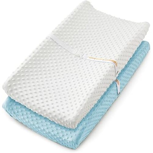 Homiest 2 Pack Changing Pad Cover, White + Light Blue Changing Table Sheets, Ultra Soft Fleece Minky Dot Fabric, Breathable Comfortable Diaper Pad Cover for Girls and Boys, Machine Washable
