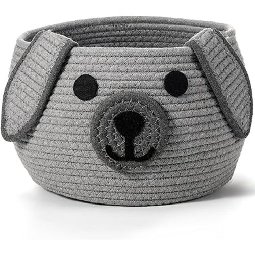 Zopeal Dog Woven Basket Cute Woven Cotton Rope Puppy Animal Storage Basket for Laundry Toy Gift(Gray,10.5 x 6.9 Inch)