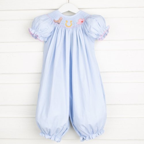 Western Smocked Long Bubble Light Blue Gingham