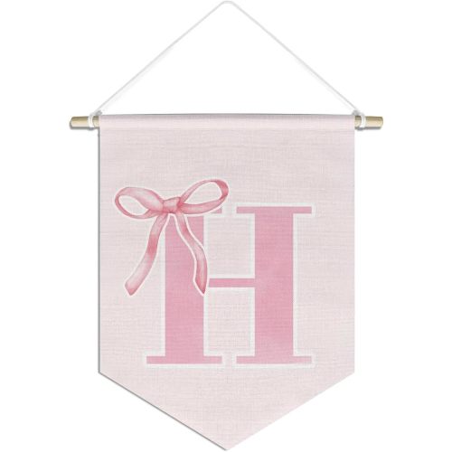 initial Personalized Preppy Canvas Hanging Pennant Flag Banner, Coquette Pink Bow Teen Girl Gifts,Trendy Cute Monogrammed Gifts Wall Decor for Women Teen Girl Nursery bedroom(H)
