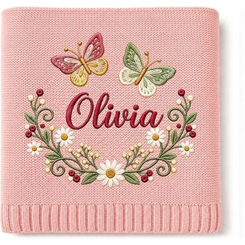 Personalized Baby Blanket with Name for Girls - Custom Embroidered Butterfly & Floral Wreath Name Blanket, 100% Cotton Knit Baby Blanket, Keepsake, 30x40 in