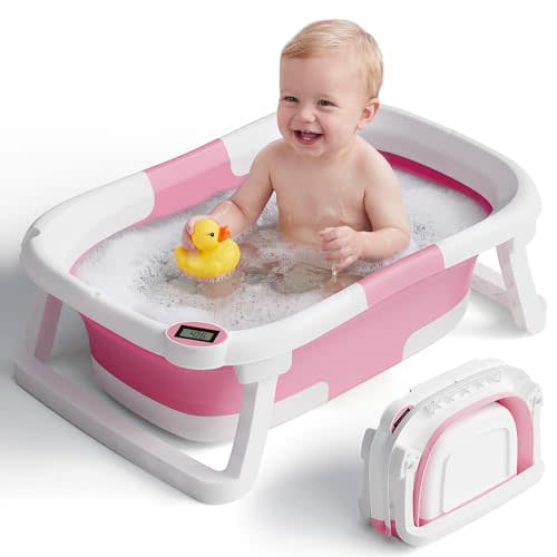 Collapsible Baby Bathtub with Thermometer, 0-36 Months, Dark Pink | Real-time thermometer, quick drain plug, double-fold storage, PP+TPE tub, portable for home and travel