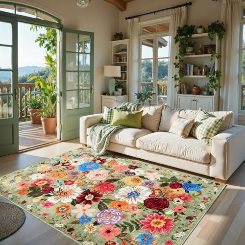 Green Rug 5x8 for Bedroom Soft, Non-Slip Washable Rugs Stain Resistant Boho