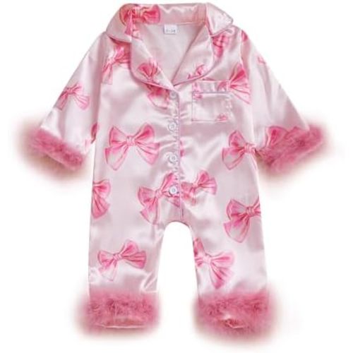 Babieshouse Baby Girl Silk Satin Pajamas Striped Bow Feather Trim Button Down Romper One Piece Jumpsuit Newborn Pjs Sleepwear