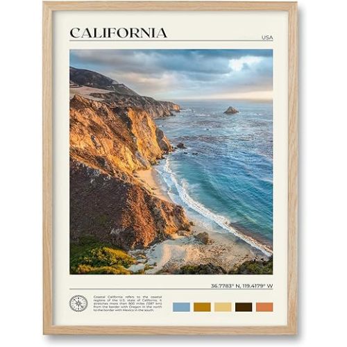 HesenDot Natural OAK Wood Coastal California Refers Framed Wall Art,12x16in Natural Seascape Canvas Wall Print,Classic Urban Landmark Wall Decor for Living Room,Bedroom,Office Gallery Gifts Set of 1