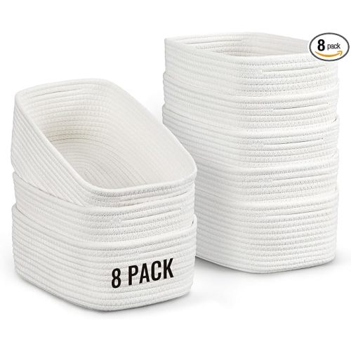 8 Pack Small Storage Baskets for Organizing, Woven Rope Bins for Bathroom, Closet, Shelf Organizer, Cute Cube Decorative Box for Towels, Baby Nursery, Toys, Gift Empty Baskets - 11.5"x7.5"x4.7"-White