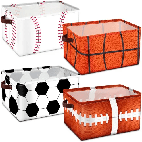 Bokon 4 Pcs Sports Ball Storage Basket Bin Fabric Toys Storage Cube with Handles Collapsible Closet Shelf Cloth Organizer Basket for Nursery Kids Boys Bedroom (Baseball, Basketball, Soccer, Football)