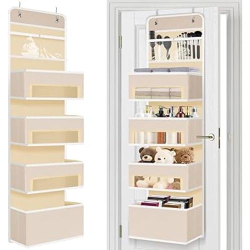 HAKACC Over The Door Organizer, Beige Wall Mount Hanging Organizer Storage 4 Pockets with PVC Window for Closet Nursery Bathroom Bedroom