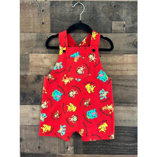 Gotta Catch Em' All Red Overall Short Romper made with licensed Pokemon Fabric. Toddler Overall Romper. Kid's Overall Romper