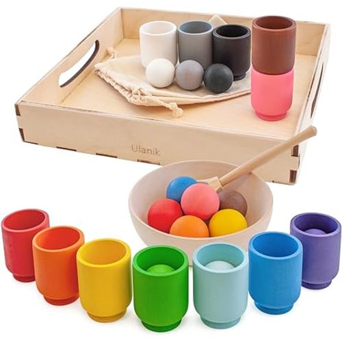Ulanik Small Balls in Cups Toddler Montessori Toys for 3 Year Old + Kids Preschool Wooden Matching Games for Learning Color Sorting and Counting - 12 Balls