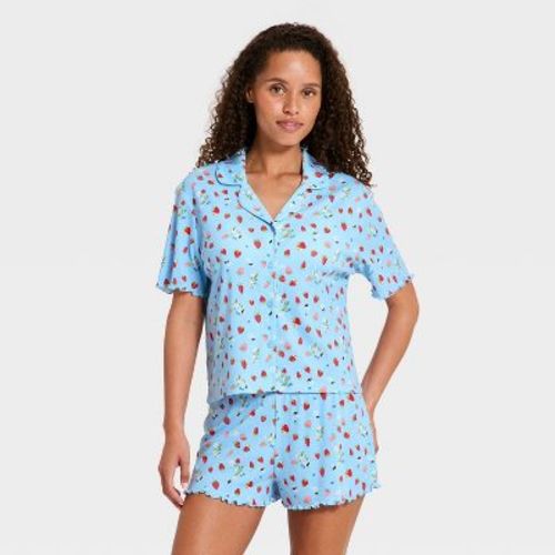 Women's Notch Collar Shirt and Shorts Pajama Set - Wild Fable™ Blue Strawberry Printed L