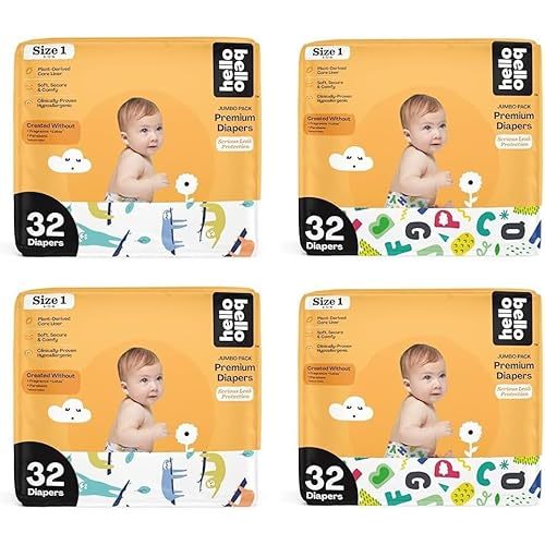 Hello Bello Premium Baby Diapers Size 1, 128 Count of Disposable, Extra-Absorbent, and Hypoallergenic Baby Diapers with Snug and Comfort Fit, Alphabet Soup (64) and Sleepy Sloth (64)