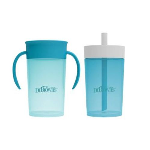 Dr. Brown's 10 oz Milestones Straw to 360° Cup Set, with Interchangeable Silicone Straw - Aqua Blue - 2pk