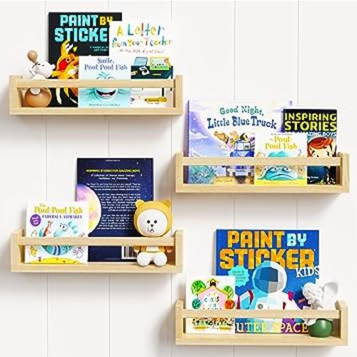 Greenual Nursery Book Shelves for Wall Set of 4, Wood Floating Shelves Bookshelf for Kids Bedroom, Toys and Books Storage Organizer for Living Room Bathroom Decor, Kitchen Spice Rack