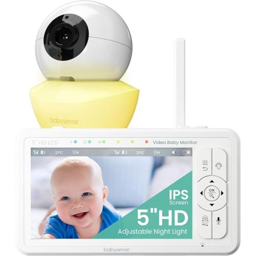 Babysense HD 5" Video Baby Monitor with Camera and Audio, No WiFi/App, Secure Closed-Loop, Night Vision, Pan-Tilt-Zoom, VOX Audio Alerts, White Noise & Lullabies, Up to 1000 ft Range, 20-Hour Battery