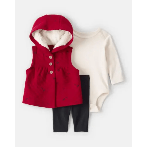 Baby Girl 3-Piece Bow Print Sleeveless Jacket, Bodysuit & Pant Set - Black/White/Red | Carter's