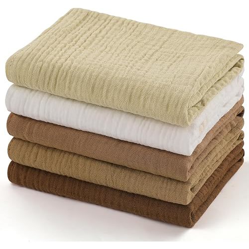 MUKIN Baby Washcloths,Muslin Burp Cloths Towels for Newborns,Absorbent Cotton Bath Face Towel ，5 Pack, 12x12 Inches (Amber Glow)