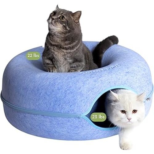 CATTASAURUS Peekaboo Cat Cave for Multiple & Large Cats Up to 30-45 Lbs, Scratch Detachable & Washable Tunnel Bed, Comfy Donut Cat Cave (Blue, Large)