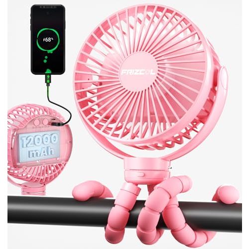 FRIZCOL 12000mAh Portable Stroller Fan, Use As Power Bank, 65H Battery Operated Fan Flexible Tripod Clip On Fans, Detachable Personal Handheld Baby Fans for Stroller, Car seat, Desk, Treadmill（Pink）