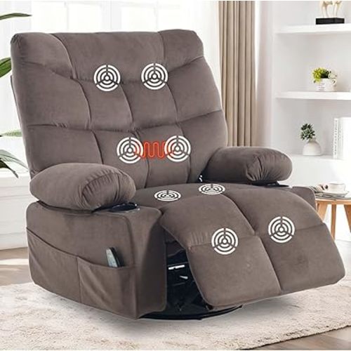 KCQ Oversized Swivel Rocker Recliner Chair with Massage and Heat, Fabric Heated Reclining Chairs Manual Recliner with Cup Holder for Adults, Nursery Rocking Glider Chair, Brown