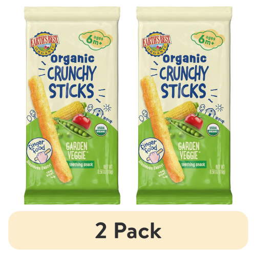 (2 pack) Earth's Best Organic Teething Crunchy Sticks Garden Veggie Puffed Baby Snack, 0.56 oz Bag