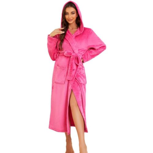Womens Long Hooded Fleece Robe, Soft Warm Spa Bathrobe for Cozy Lightweight Loungewear