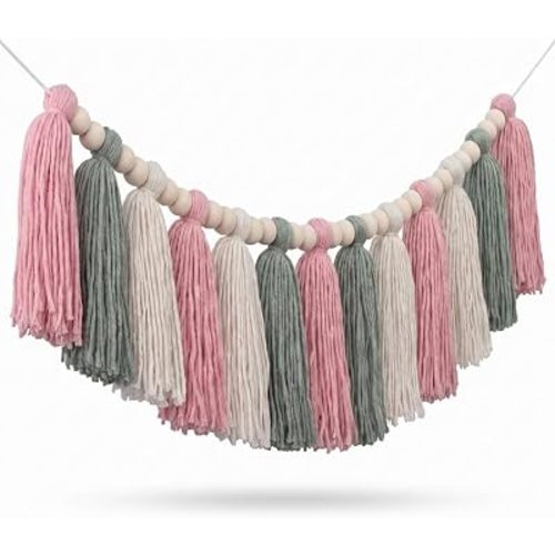 DrCor Pink & Sage Green Tassel Garland – Boho Wall Decor