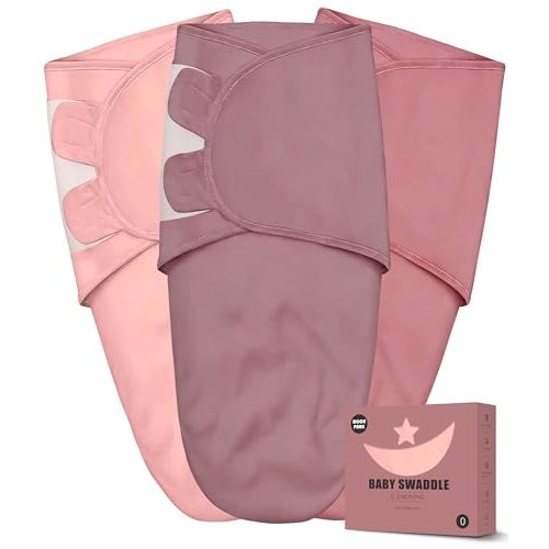 Newborn Swaddle Blanket Wrap 0-3 Months (3-Pack) - Adjustable Infant Sleep Sack, 100% Cotton Anti-Startle Soothing Sack, Soft Breathable Nursery Bedding - Dusty Rose + Pearl + Mauve