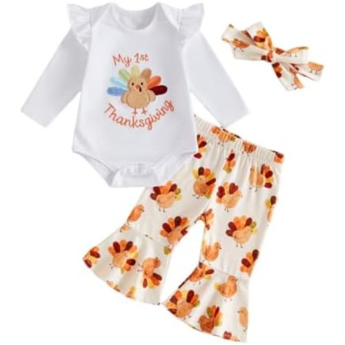 Baby Girl Halloween Outfit Pumpkin Romper and Flare Pants Sets Fall Clothes