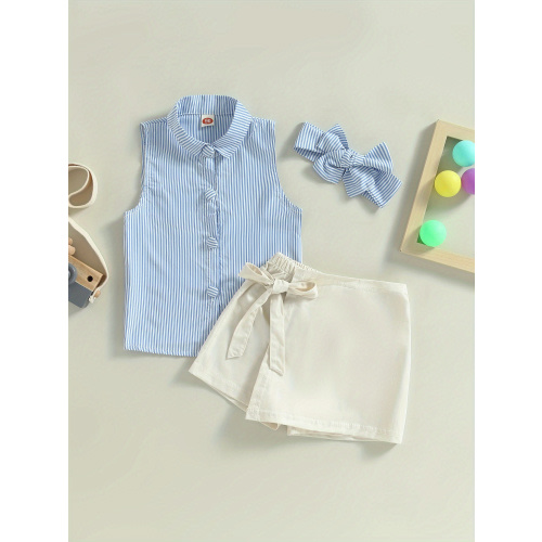 4-5 Kids Baby Girls Shorts Set, Sleeveless Striped Button Closure Vest with Elastic Waist Tie-up Shorts, Perfect for Outdoor