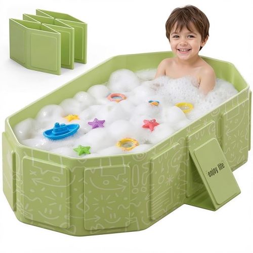 Collapsible Baby Bathtub for Newborn to Toddler, Foldable Toddler Bathtub with Drain Plug, Non-Slip Portable Infant Bath Tub for Travel, Storage & Outdoor Use, Beige