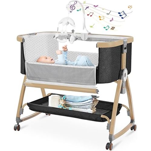 Bassinet Bedside Sleeper,3 in 1 Bedside Bassinet for Baby,Rocking Bassinet for Baby with Mattress,Mobile,Mosquito Net,Storage Basket,6-Height Adjustable Bassinet with Wheels for Newborn Infants