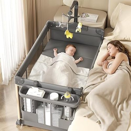 4-in-1 Pack and Play with Bassinet, Bedside Sleeper, Playard, and Changing Table, Folding Travel Crib with Musical Toy Rack & Bag, 4-Level Height Adjust, Newborn to Toddler（Ivy Gray）