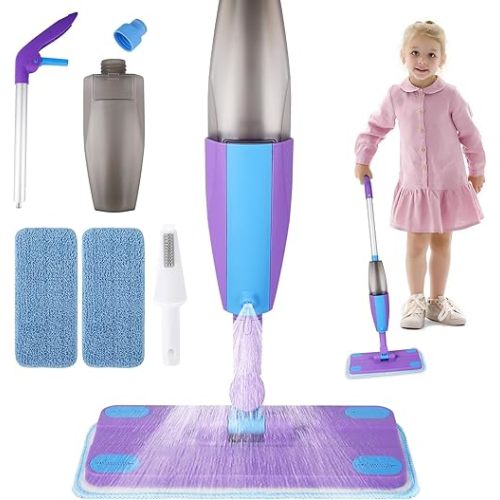 Kids Spray Mop, Real Working Toddler Cleaning Set with Water Sprayer & 2 Washable Mop Pads & Scraper, Pretend Play Montessori Housekeeping Toys Gifts for Toddlers Kids Girls Boys (Blue&Purple)