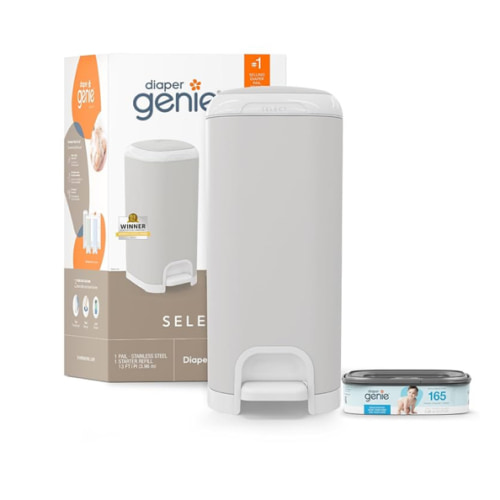 Diaper Genie Select Pail (Grey) is Made of Durable Stainless Steel and Includes 1 Starter Square Refill That can Hold up to 165 Newborn-Sized Diapers.