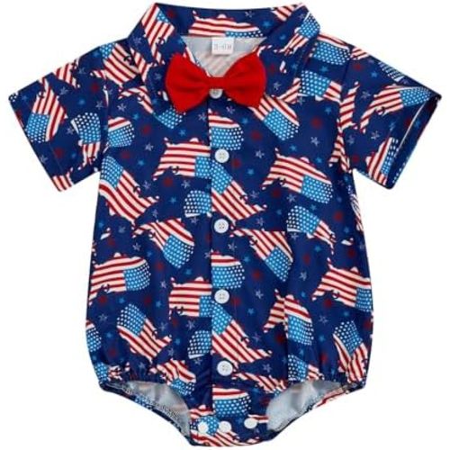 Newborn Baby Boy 4th of July Outfit Dress Shirt Bodysuit Button Down Short Sleeve Bowtie Romper One Piece Outfit